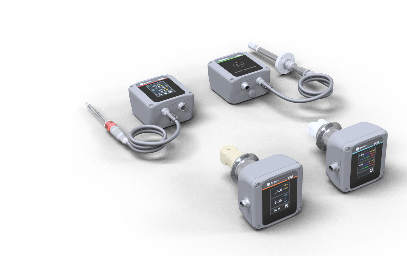 Set of industrial sensors and display units on a white background